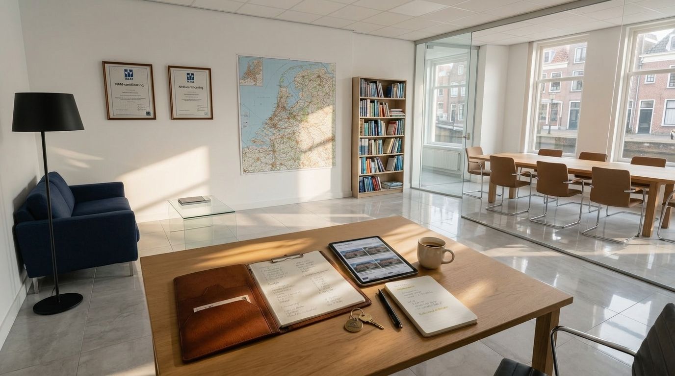 Werkbalie close-up: een opengeklapte koper-dossier-map met handgeschreven woning-checklist (illegible Nederlands handschrift) op een licht-houten werkblad, een tablet face-up met de Funda app geopend (geblurde miniaturen), een sleutelhanger met huissleutel, een notitieboekje met budget-berekeningen, een keramische cremekleurige mok met steaming espresso, ochtendzon door een hoog raam
