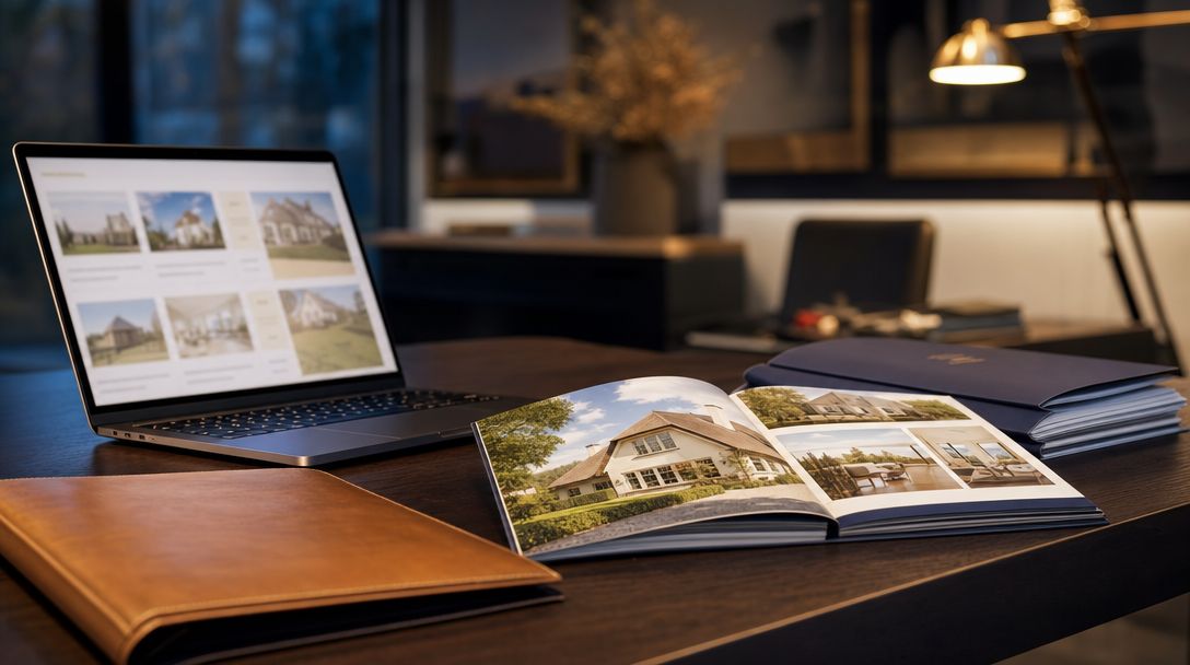 Makelaarskantoor: laptop met woningaanbod naast plattegronden en sleutels op een donker eiken bureau
