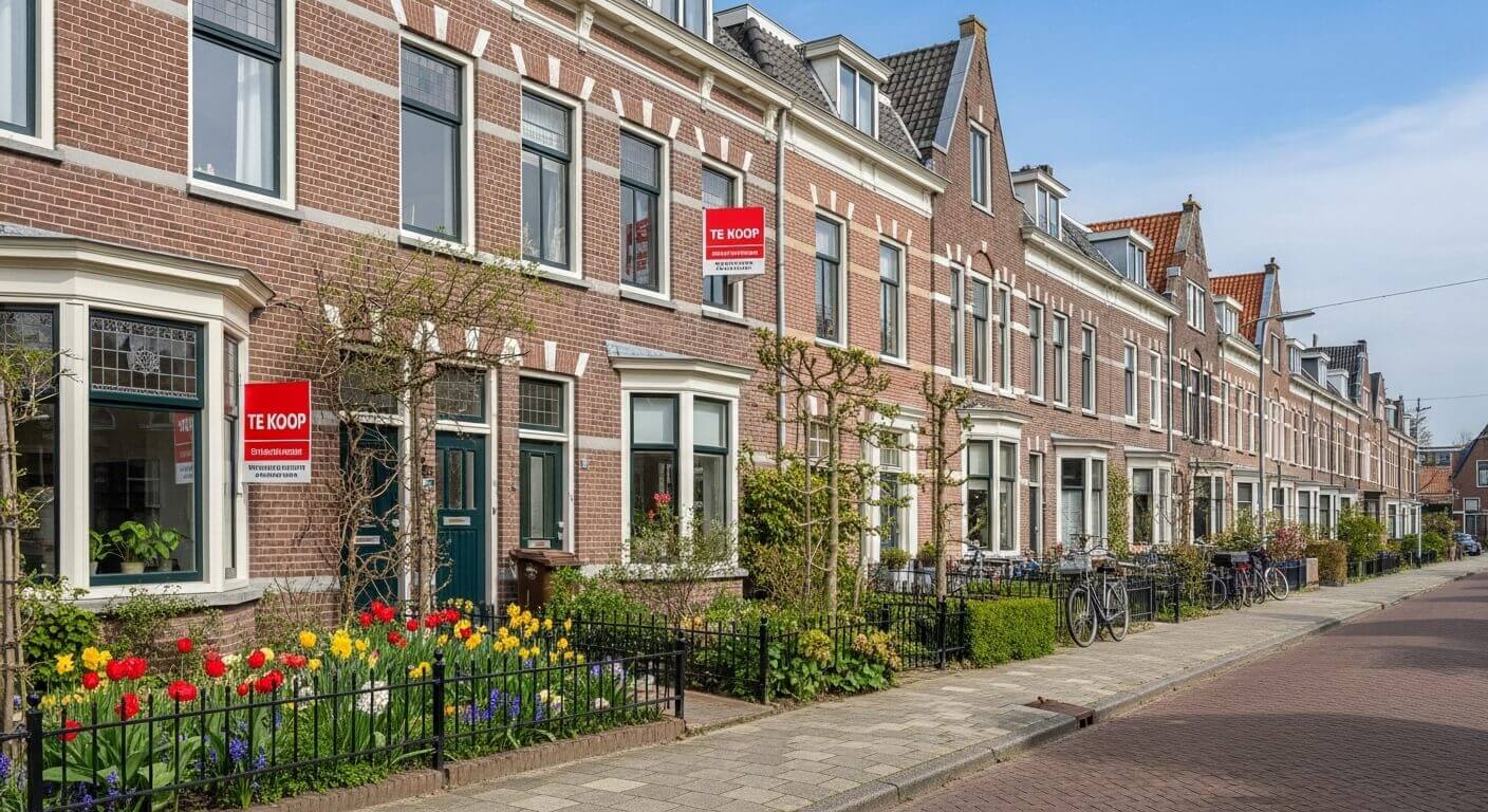 Nederlandse rij woningen met te koop bordjes in een lentesetting