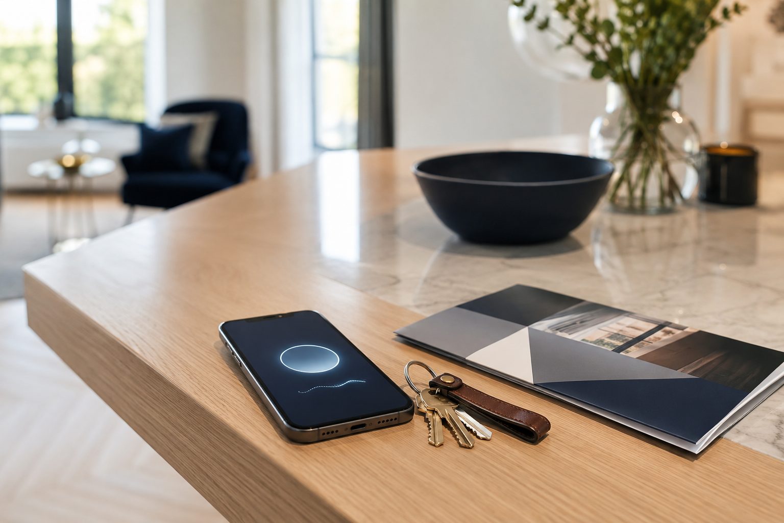 Telefoon met inkomende oproep op een aanrecht in een lichte woning tijdens een bezichtiging