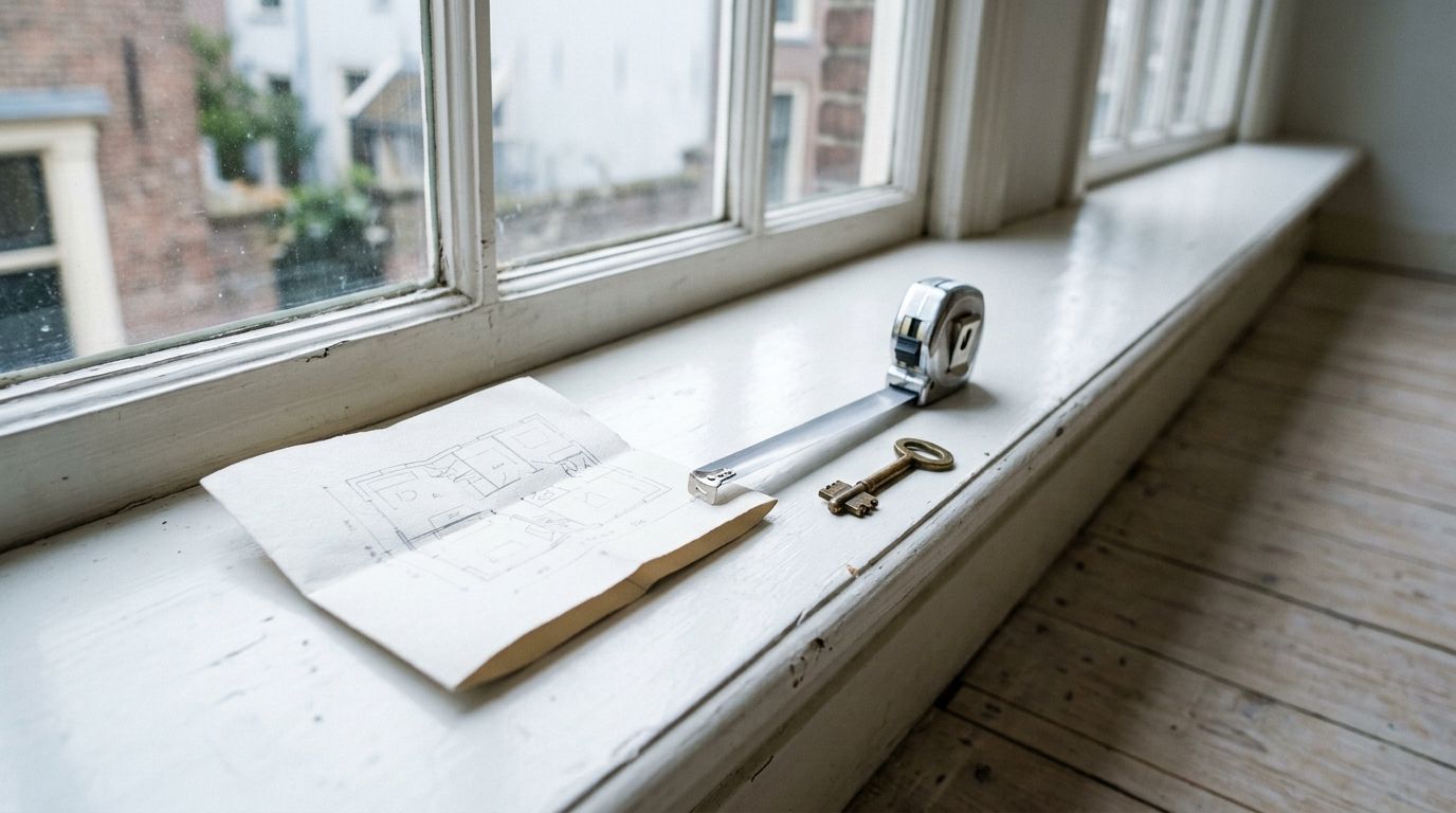 Sleutelbos en plattegrond op de vensterbank van een leegstaande woning