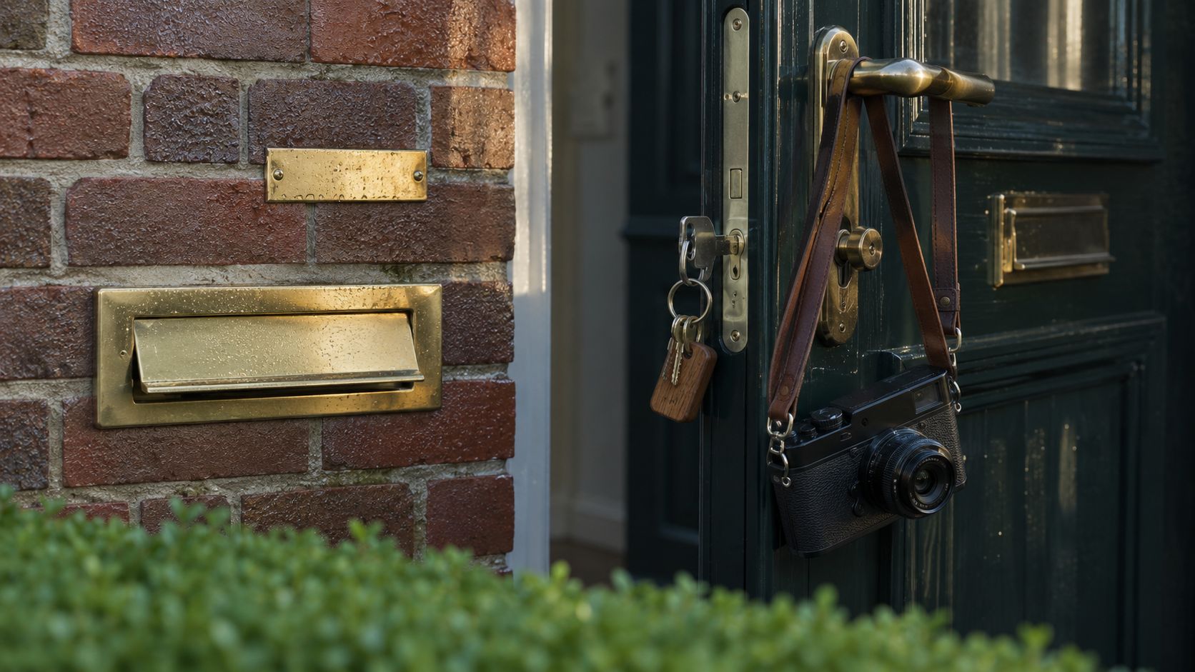 Fotocamera met leren band aan de klink van een half open groene voordeur, met een sleutelbos met houten label in het slot en een messing brievenbus in de bakstenen gevel
