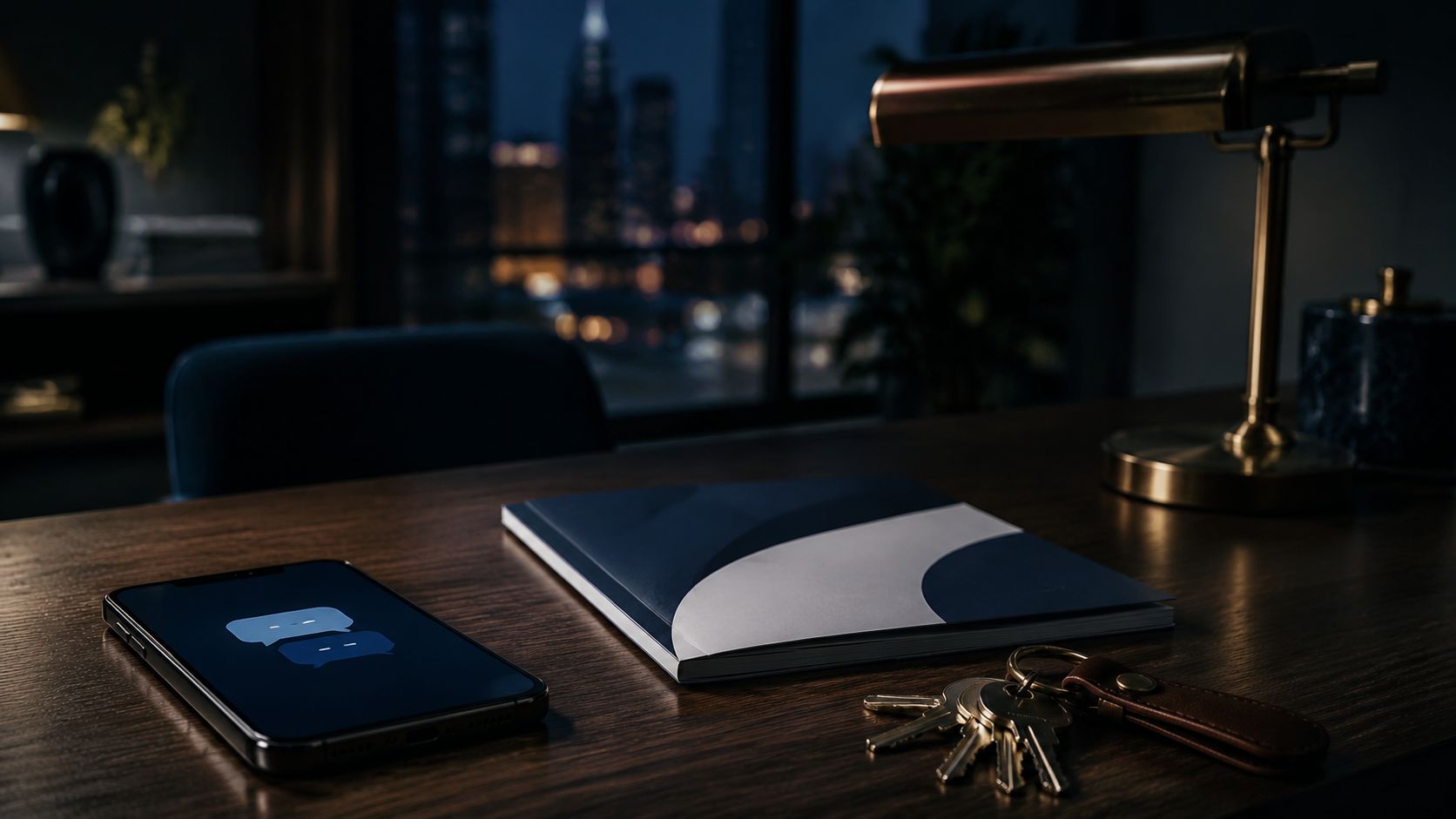 Smartphone met chatgesprek naast sleutels en een woningbrochure op een bureau in een makelaarskantoor bij avond