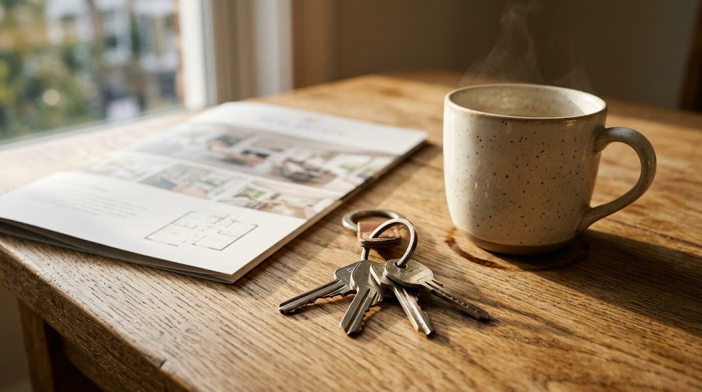 Woningsleutels en een brochure op een tafel