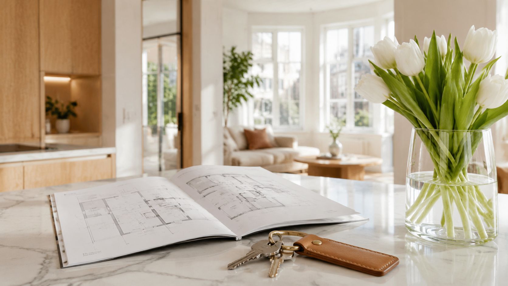 Sleutelbos met label en een opengeslagen woningbrochure met plattegrond op een licht keukeneiland met verse bloemen, in een woning klaar voor bezichtiging
