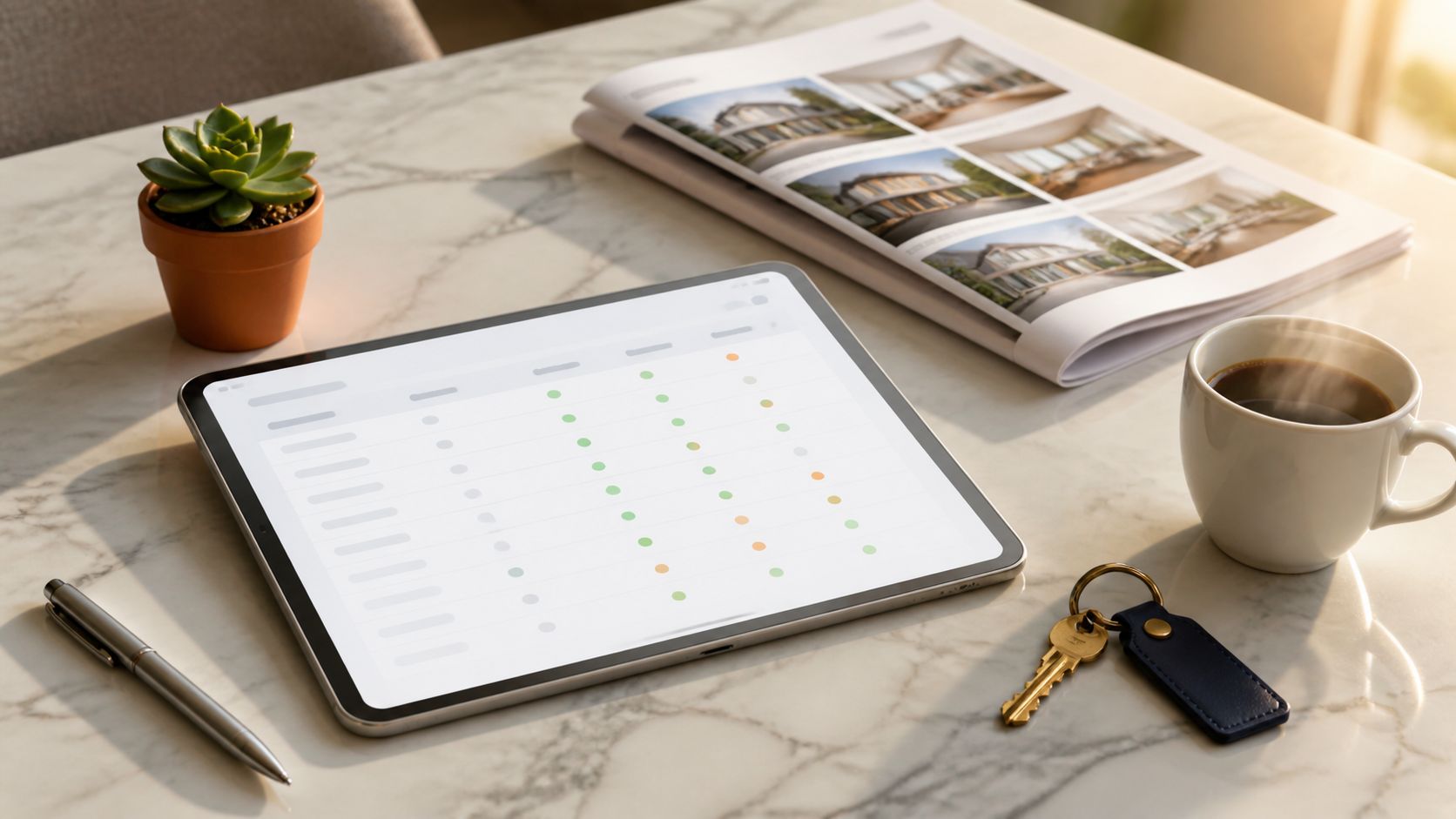 Een tafel met een tablet die een spreadsheet toont met 6 abstracte kolommen, een Funda-stijl woninglisting boekje, een kop koffie en een huissleutel op een marmeren tafel naast een potje met een kleine succulent in zachte ochtendzon