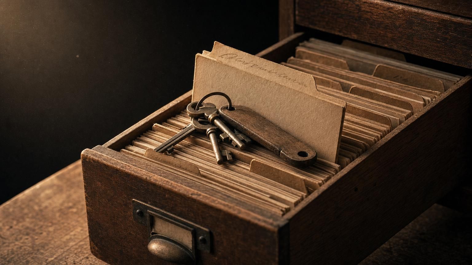 Oude houten kaartenbak met dossiermappen en een sleutelbos aan een houten label in een makelaarsarchief