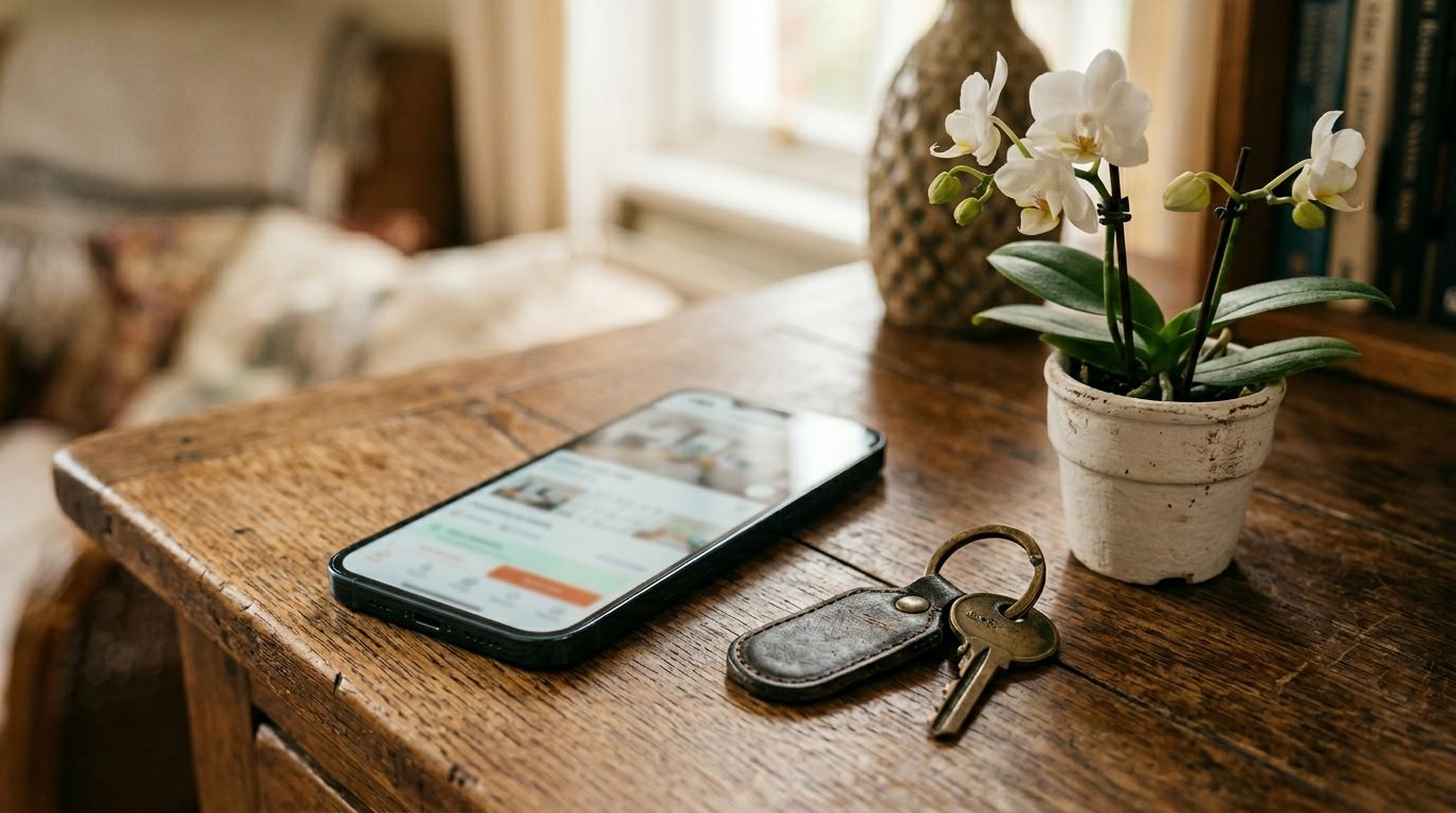 Makelaar kijkt op zijn smartphone naar een nieuw te koop staand woning advertentie in een woonkamer