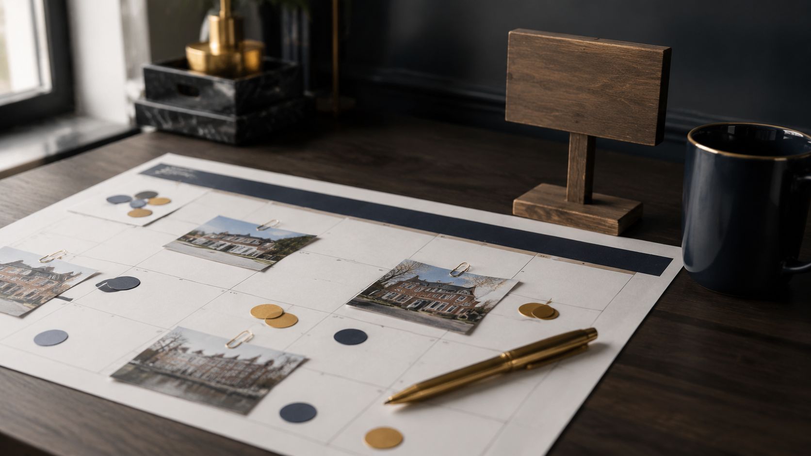 Makelaar contentkalender op een bureau met woningbrochures en huissleutels