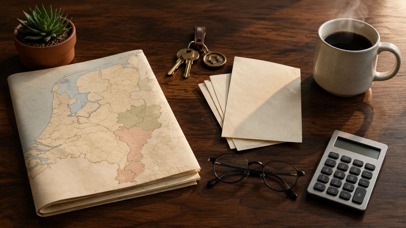 Verkoopkaart van NL met Duitse en internationale documenten op makelaarsbureau