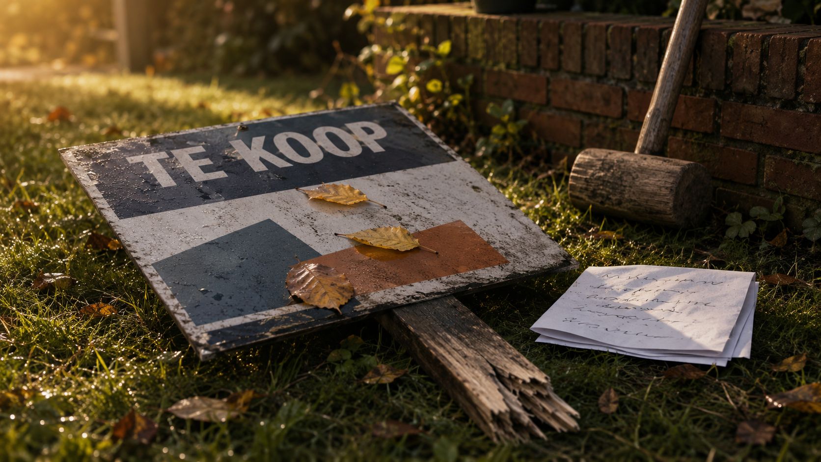 Verweerd Te-koop bord op herfstgras naast NVM-intrekkingsdocument