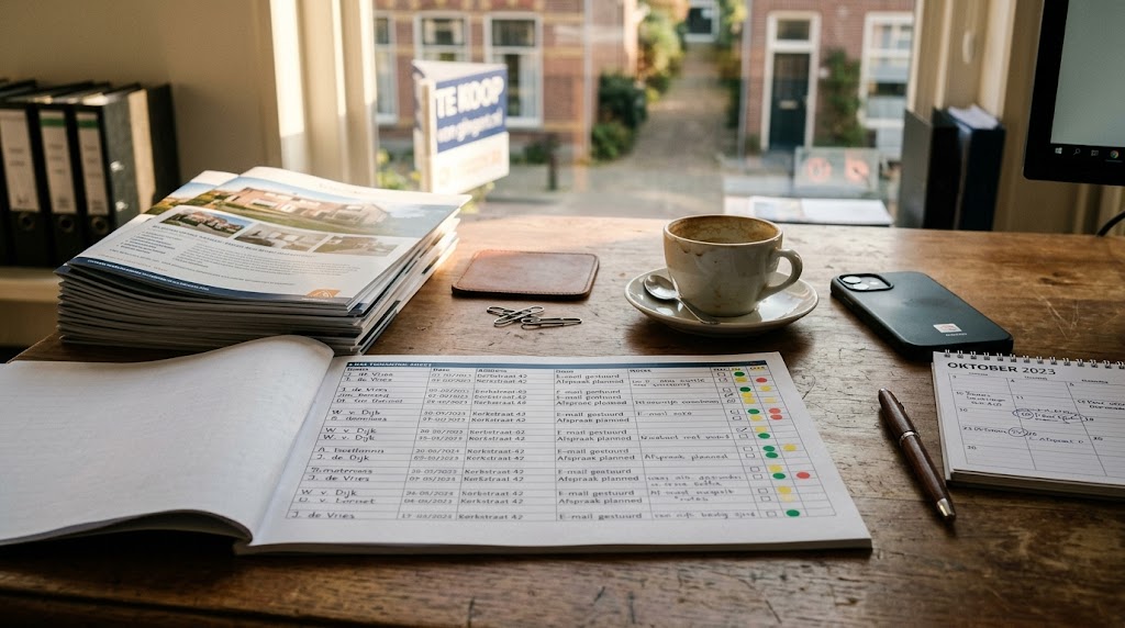 Makelaarsbrochures en marktrapport op een bureau bij het raam