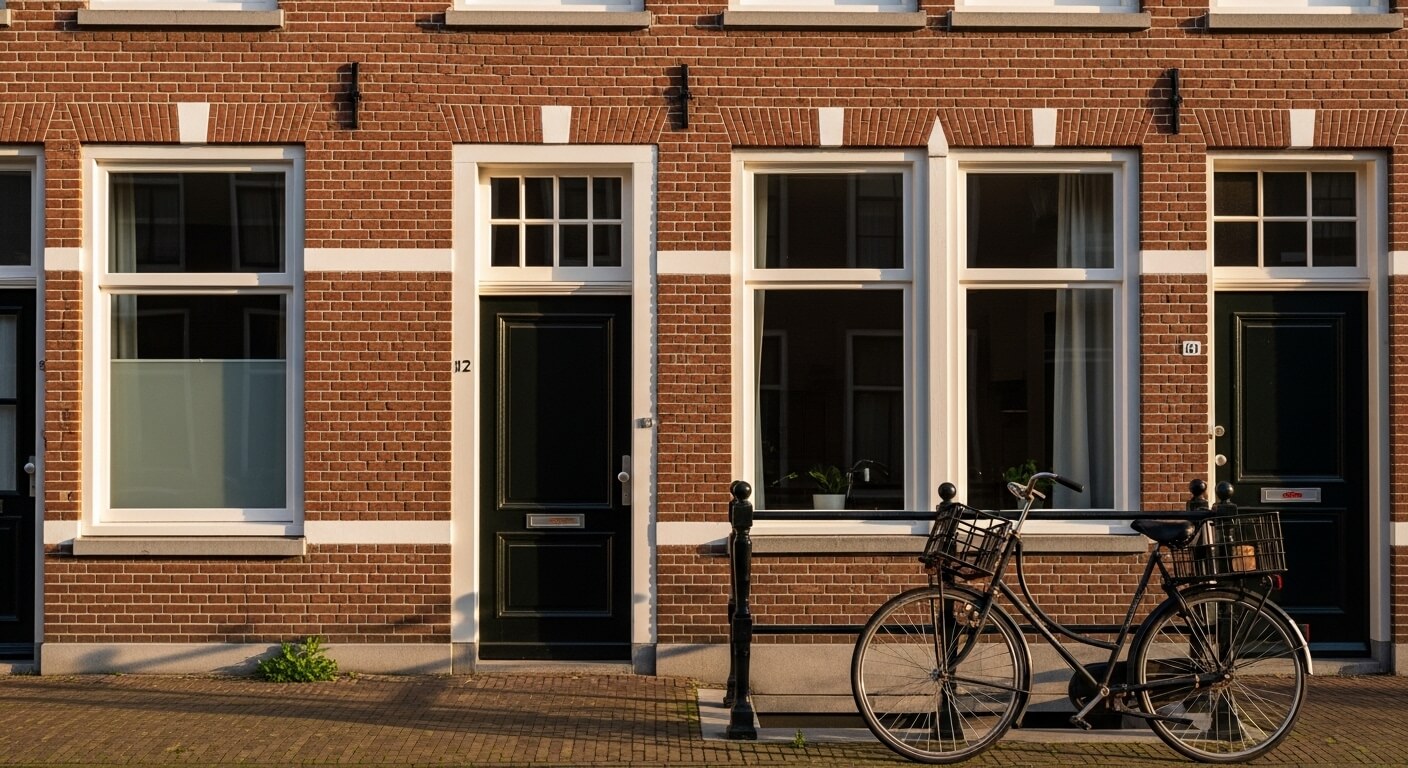 Nederlandse rijtjeshuizen met verzorgde voortuinen, warm zonlicht