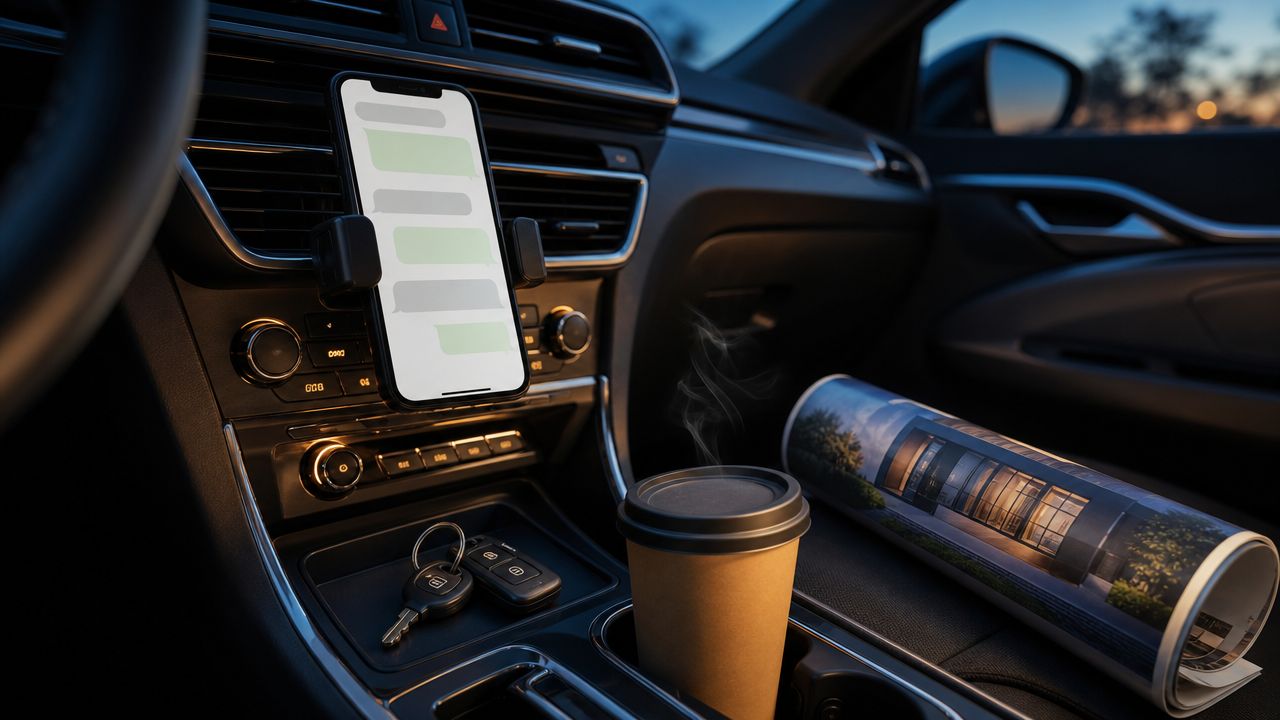 Smartphone in een autohouder met een binnenkomende lead terwijl de makelaar onderweg is