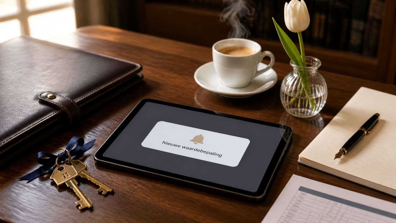 Werkbank van een makelaar met huissleutels, contractmap, tablet en koffie