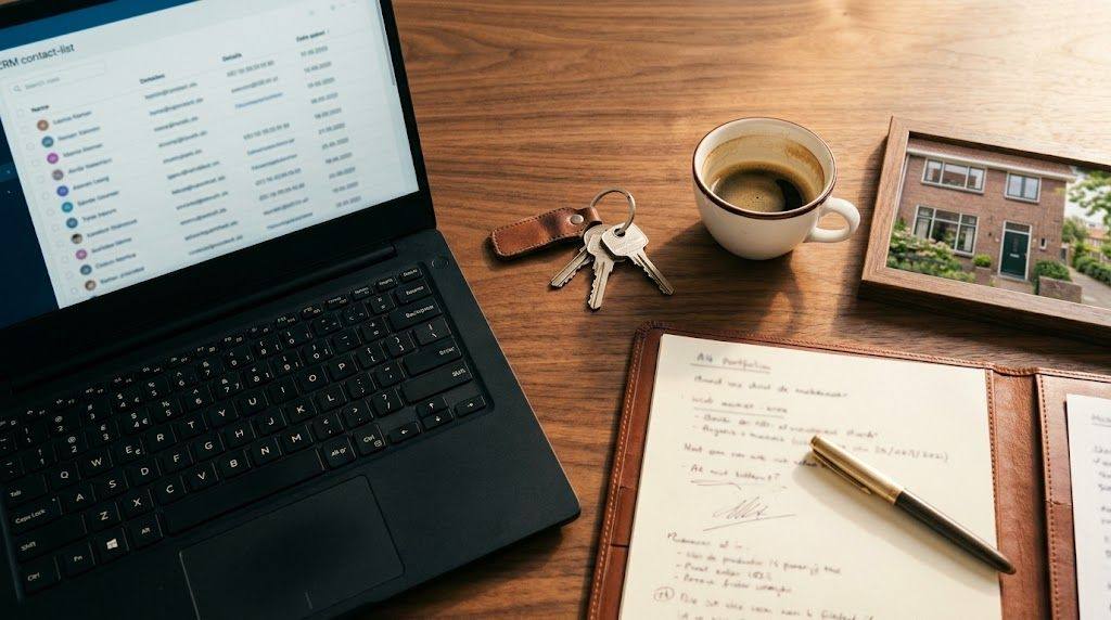 Werkbank van een Nederlands makelaarskantoor: laptop met een schoon CRM-overzicht op het scherm, leren A4-portfolio met handgeschreven aantekeningen, een set woningsleutels op een tag, een mok koffie en een ingelijste foto van een Nederlandse jaren-30 woning in zacht ochtendlicht