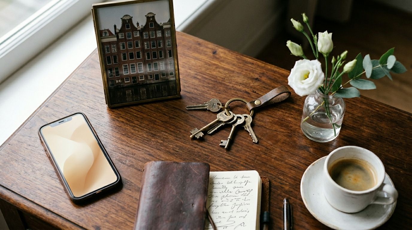 Makelaar sleutelbos, huis-foto en smartphone op houten tafel met witte bloemen