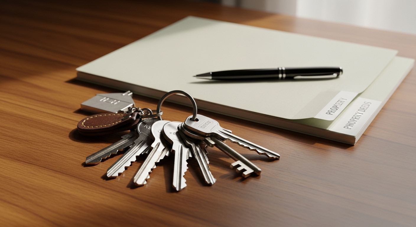 Sleutelhouder en woningmap op een houten bureau