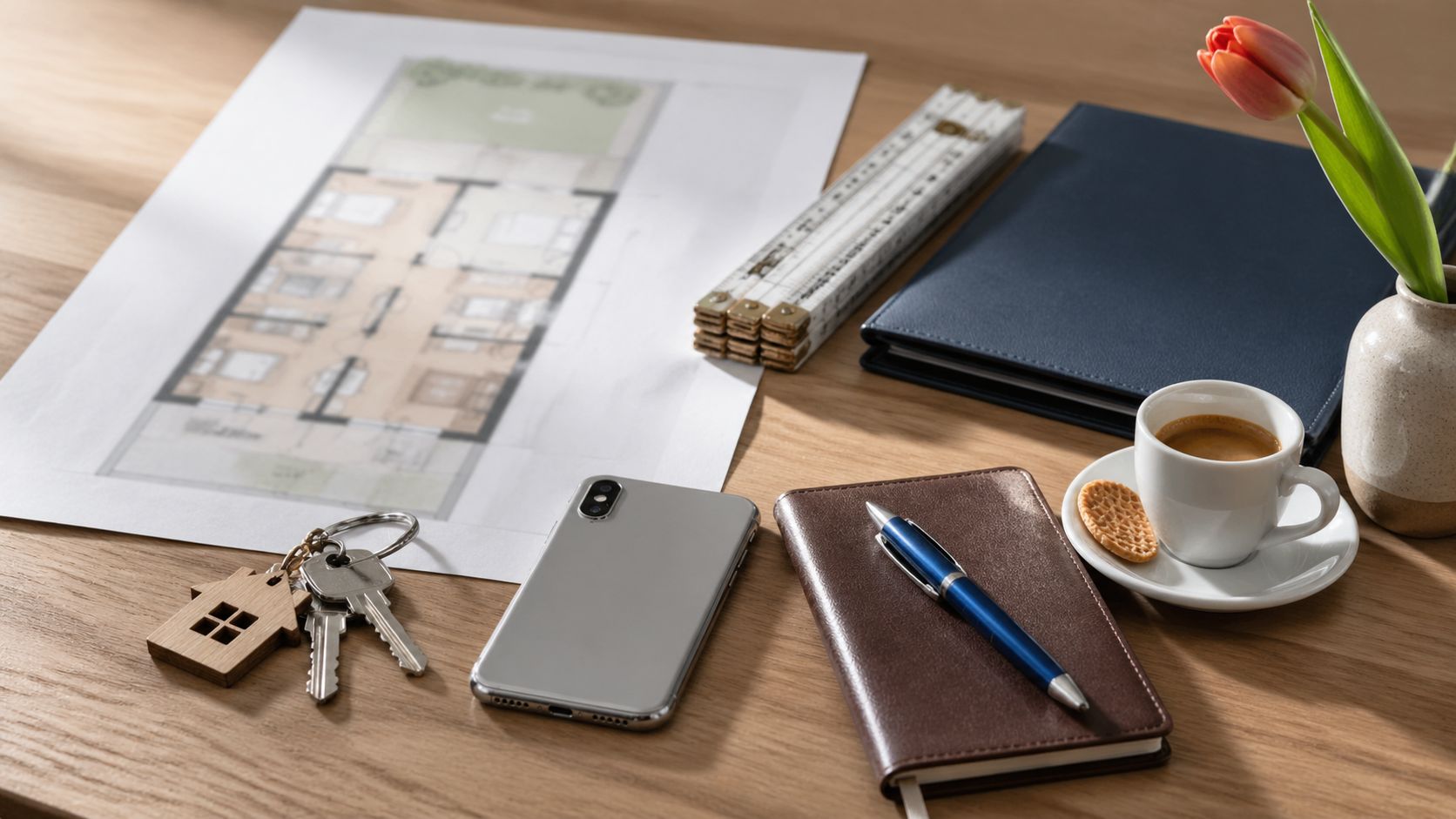 Makelaarskantoor werkbalie close-up: huisplattegrond, sleutels, smartphone, koffiebeker en notitieblok in zacht daglicht