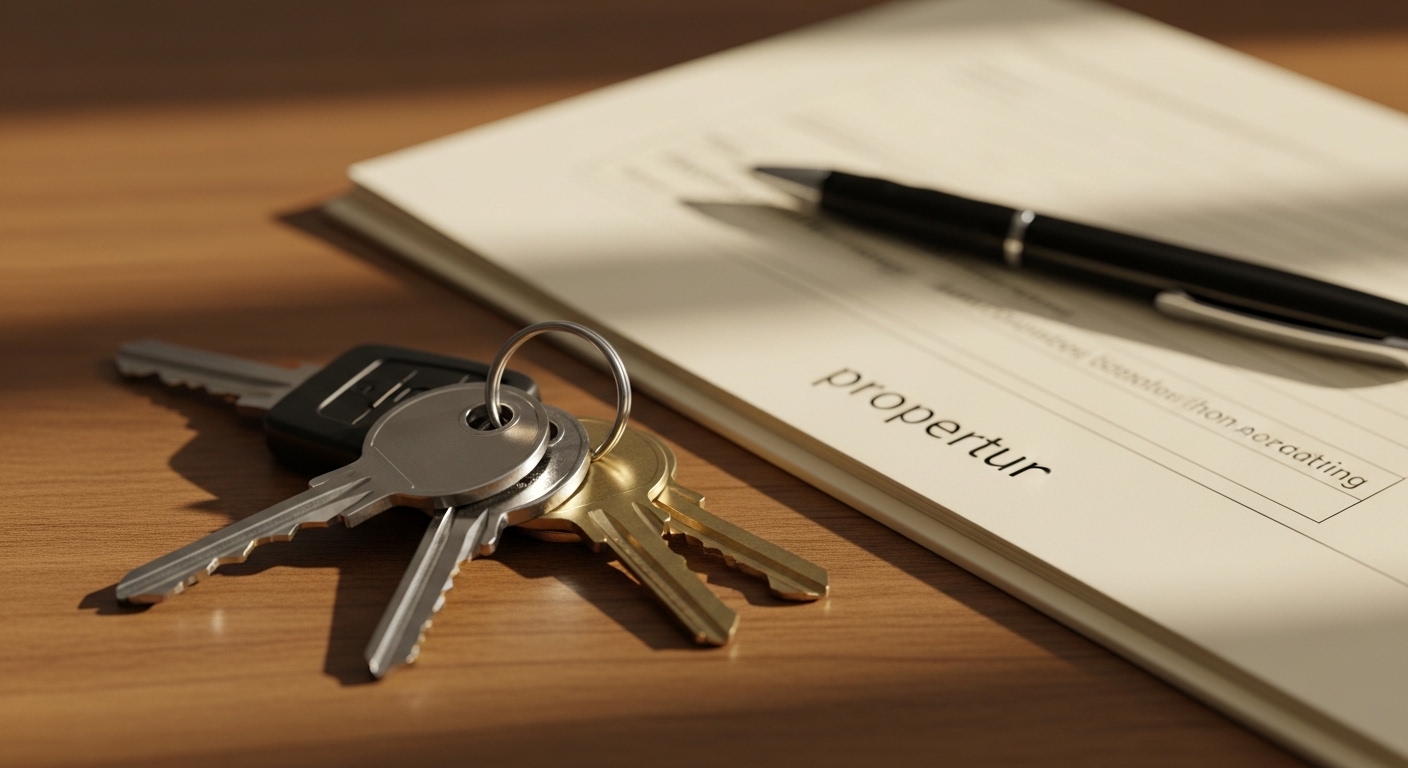 Huissleutels en een makelaarsdossier op een houten tafel