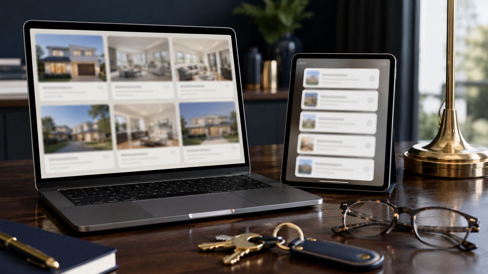 Makelaar bekijkt op een laptop een woningportefeuille terwijl een tweede scherm binnenkomende leads toont