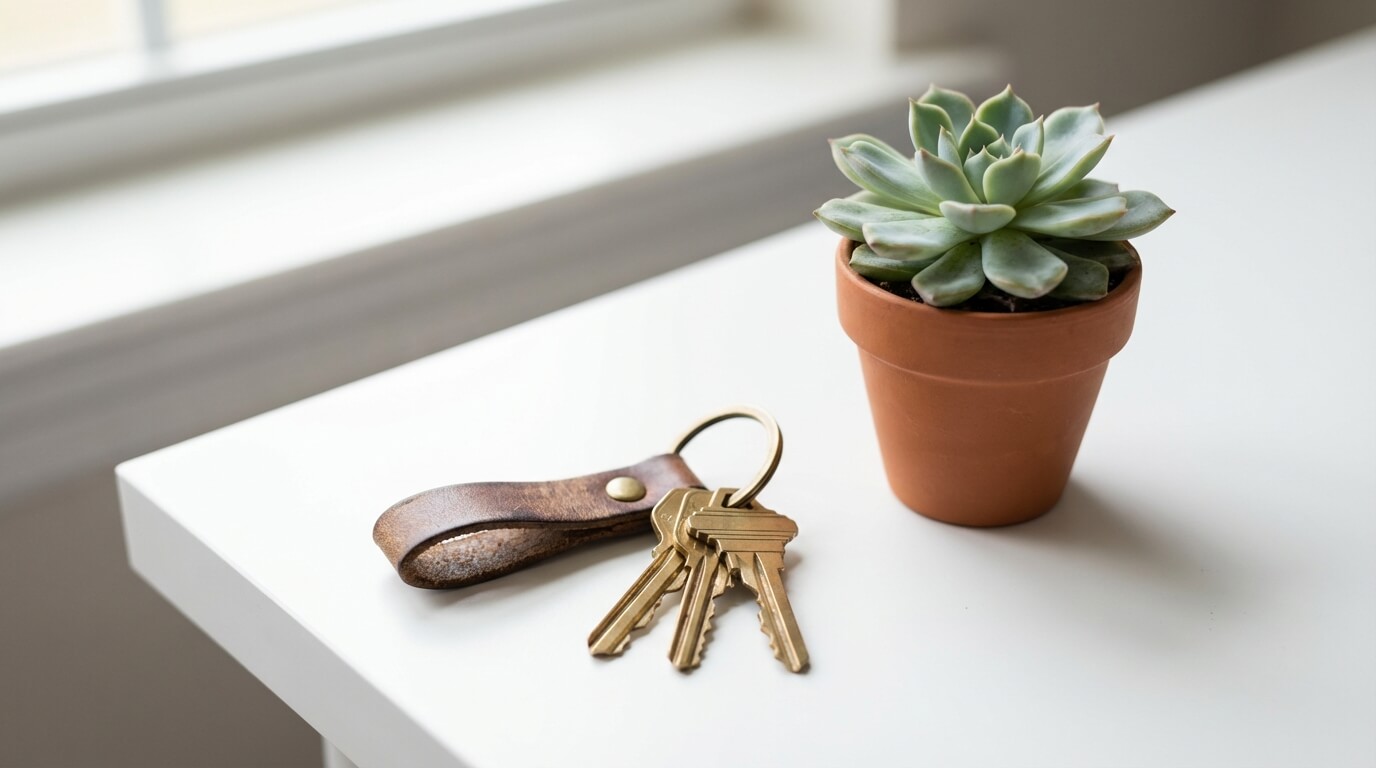 Makelaarskantoor met sleutels op een bureau