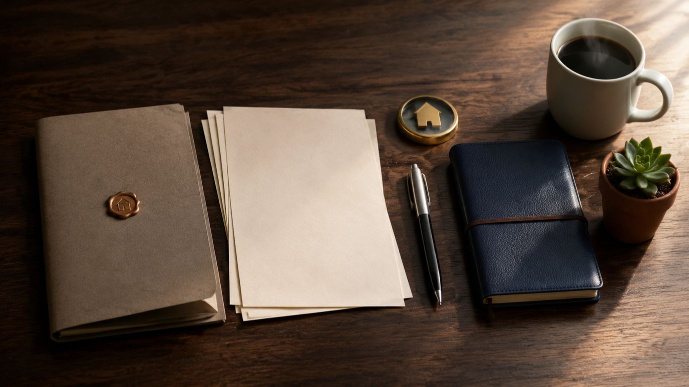 Makelaar-bureau met document-stack, hypotheek-papieren en koffiemok