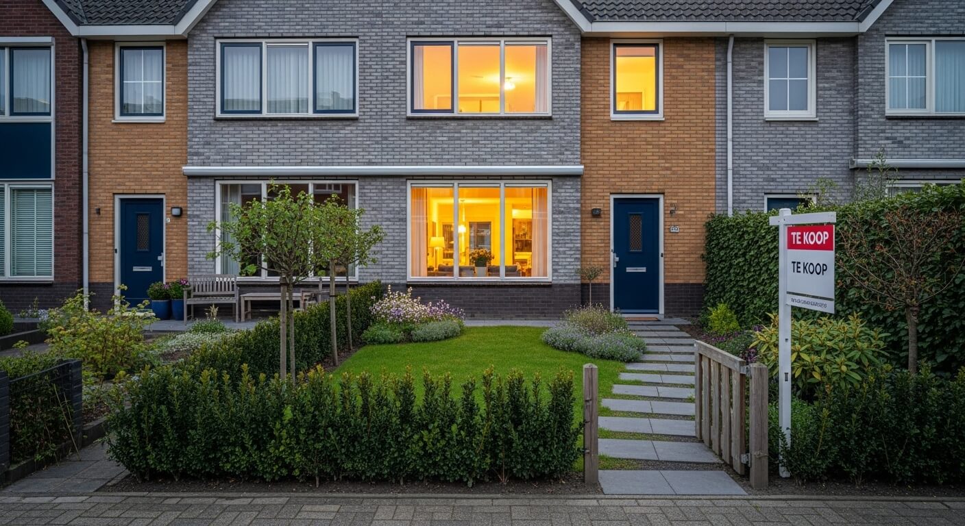 Modern Nederlands rijtjeshuis met een keurig onderhouden voortuin