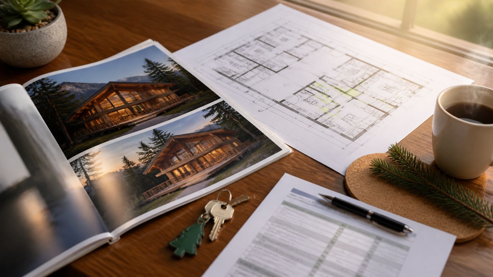 Werkbank van een recreatie-makelaar met objectfolder, plattegrond, koffie, sleutelbos