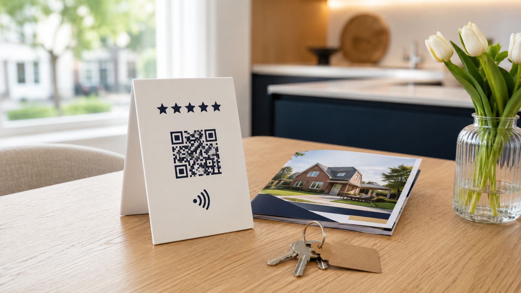 Review-bord met NFC en QR-code op een keukentafel tijdens een open huis, met een woningbrochure ernaast