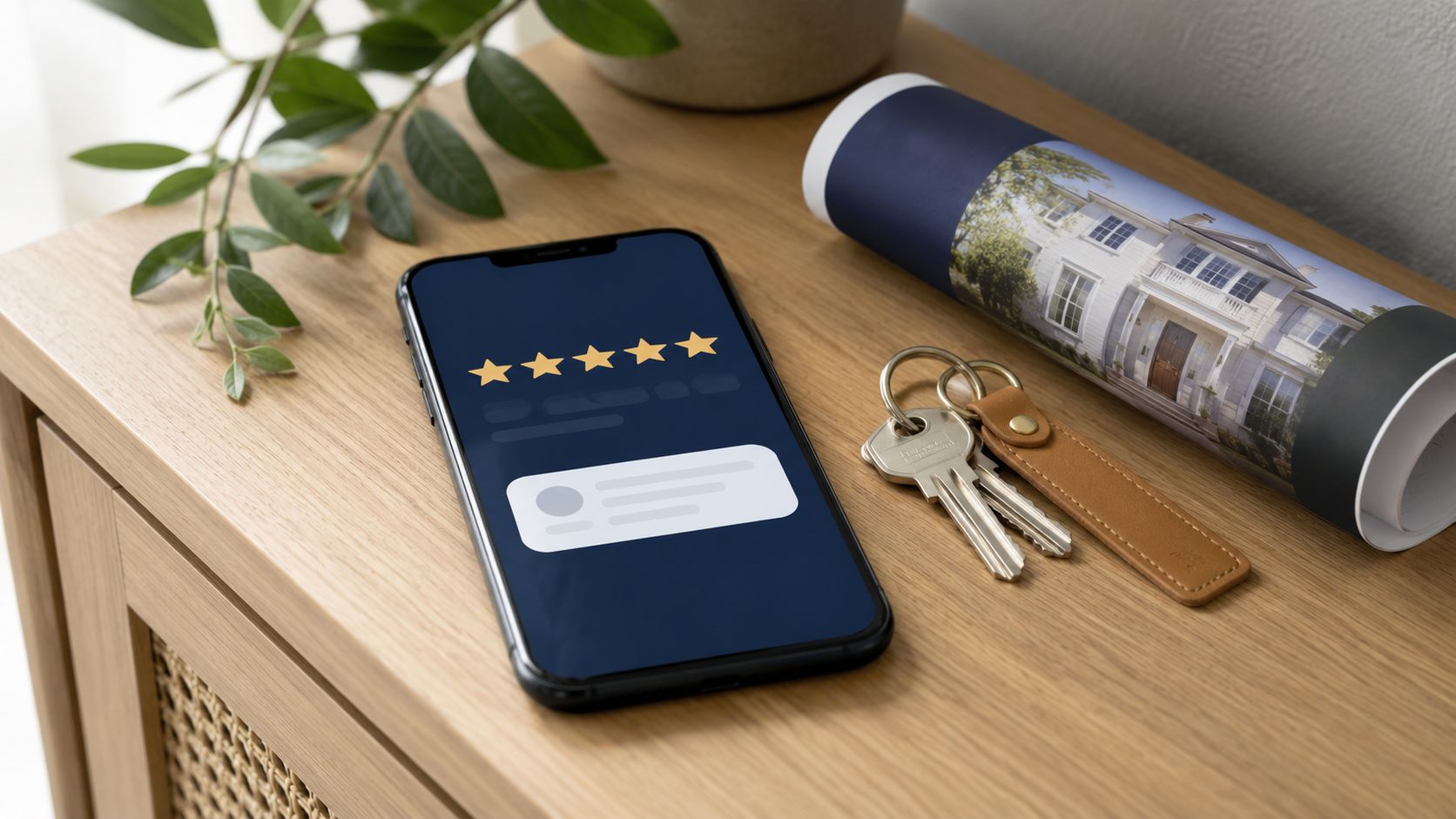 Makelaar bekijkt op een smartphone een binnengekomen Google-review met een concept-antwoord ernaast