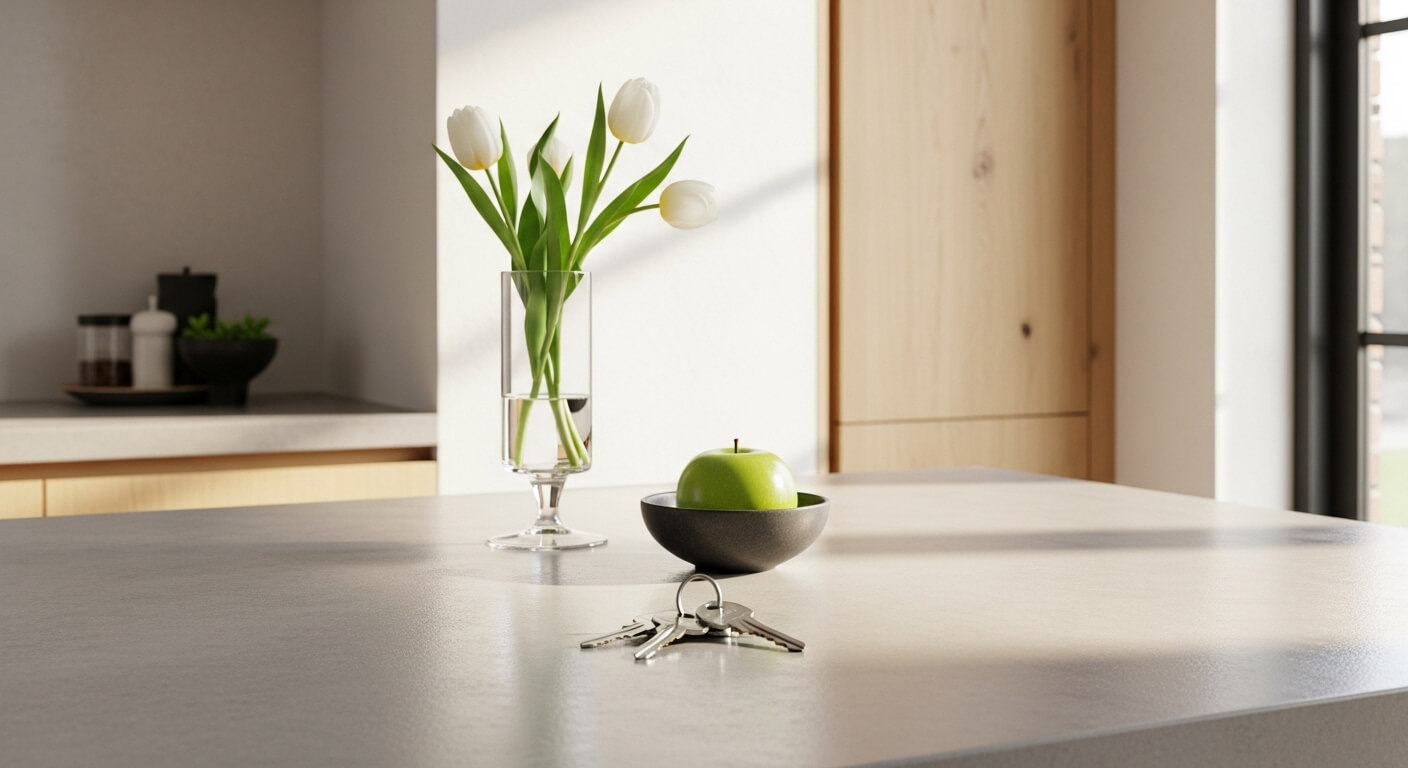 Sleutels op een aanrecht in een nieuw huis