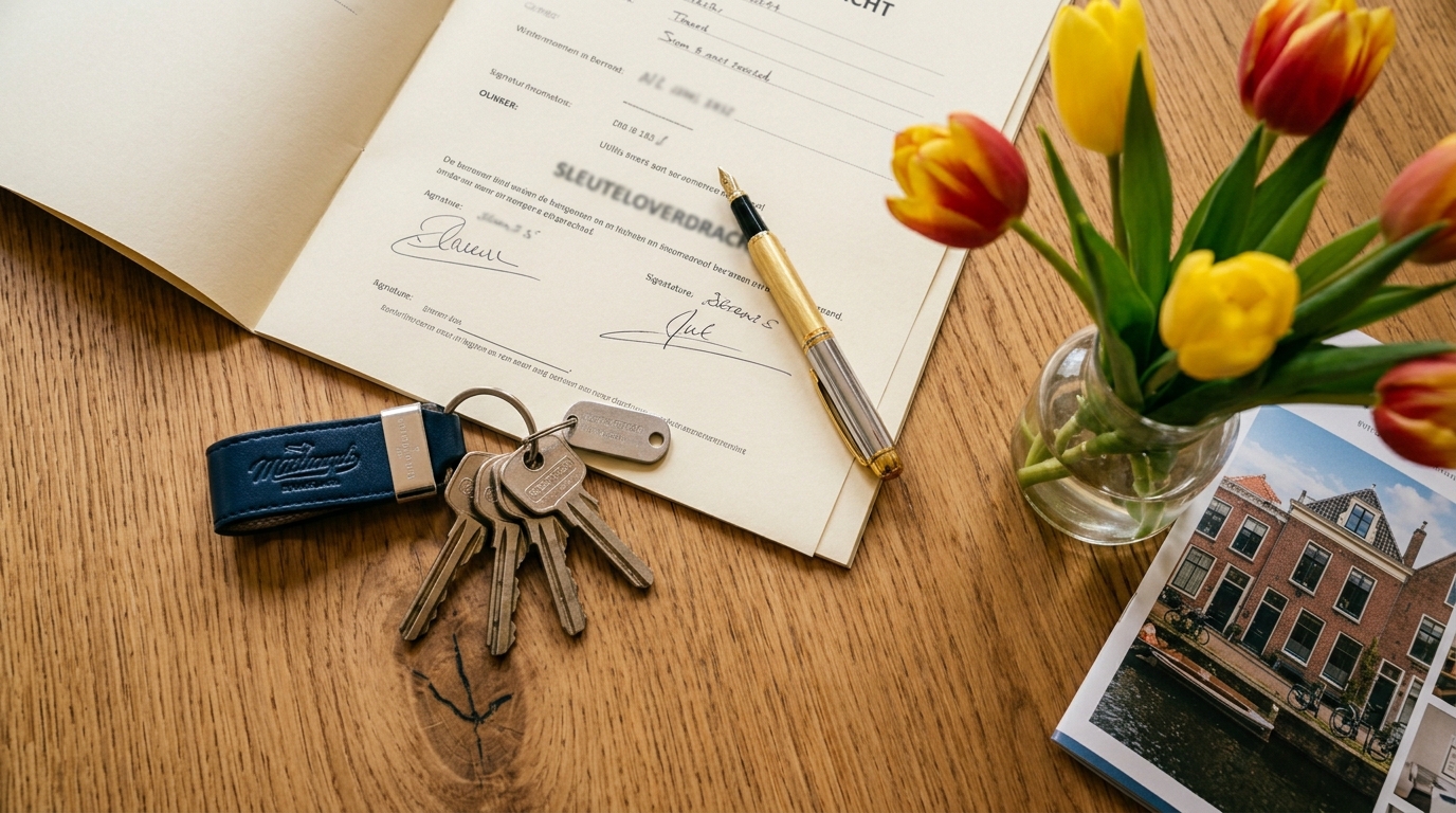 Sleutels en verkoopbrochure op een makelaarsbureau