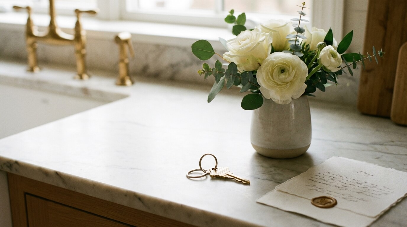 Huissleutel op marmeren aanrecht met bloemen