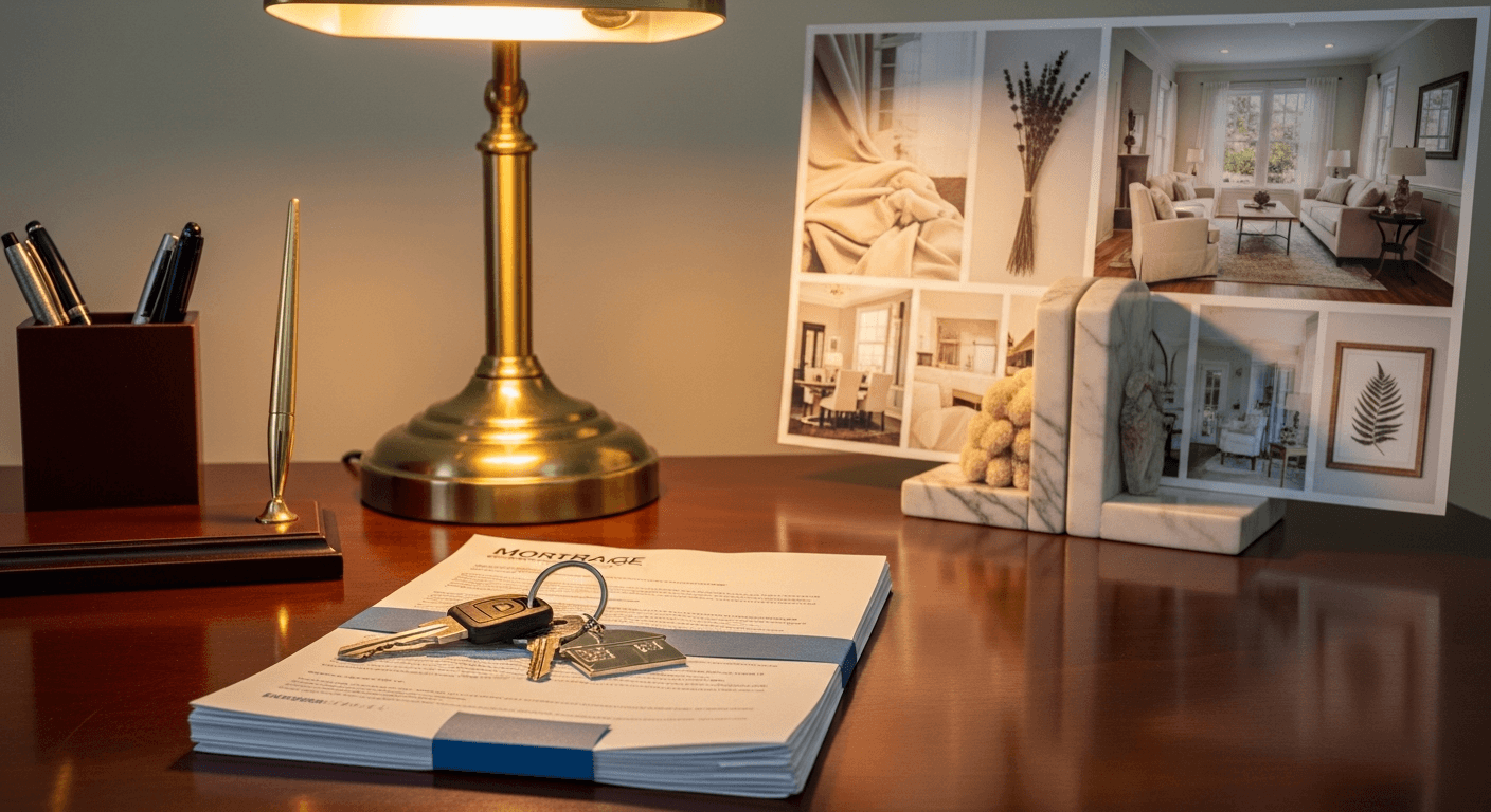 Sleutels op notarisbureau naast hypotheekdocumenten en homestaging moodboard