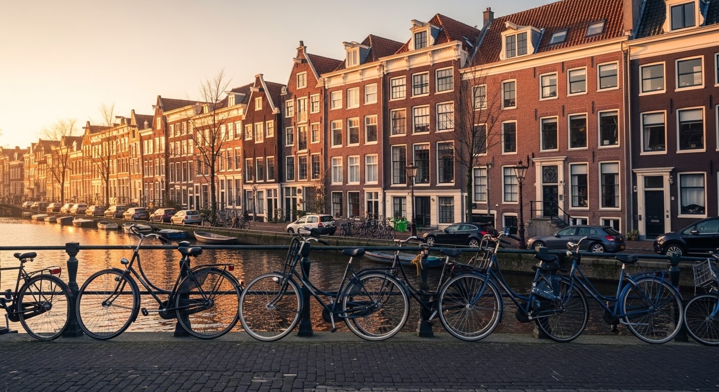 Rij Nederlandse grachtenpanden bij gouden uur