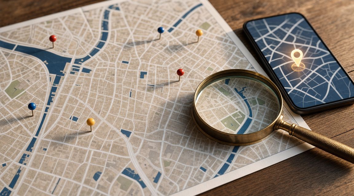 Plattegrond van een stad met locatiepins en een smartphone die de lokale vindbaarheid toont