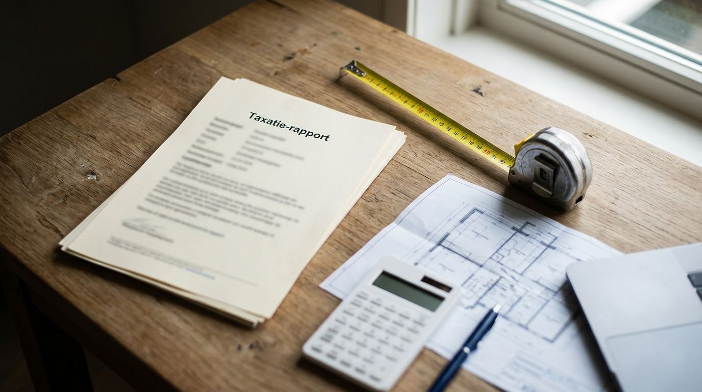 Close-up van een taxatierapport op bureau, meetlinten, plattegrond en rekenmachine, laptop op de achtergrond, natuurlijk licht