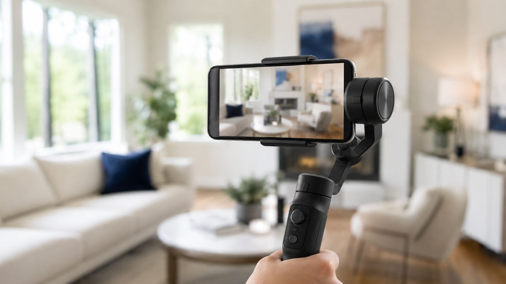 Makelaar filmt met een smartphone op een gimbal een woningtour in een modern huis