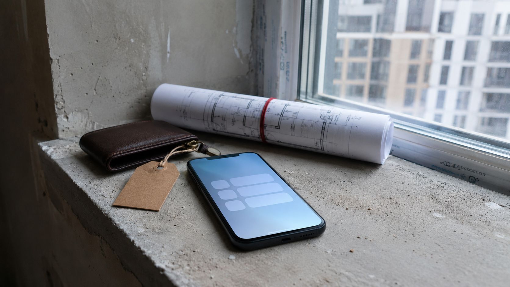 Vensterbank in een half afgebouwd nieuwbouwappartement met telefoon, sleutelhoes en bouwtekening