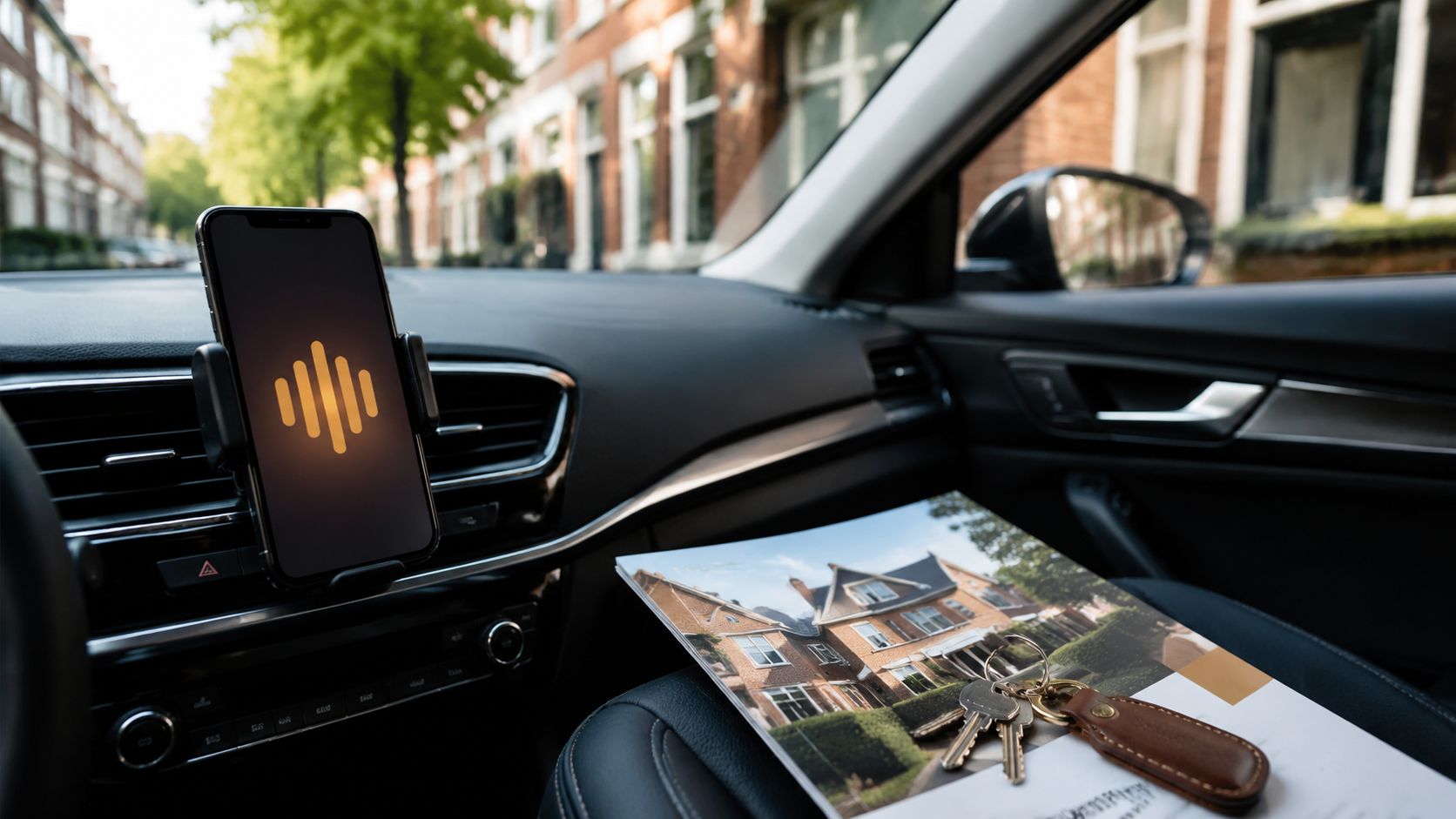 Telefoon in autohouder met zachte gespreksgolf naast woningbrochure op de passagiersstoel van een makelaarsauto
