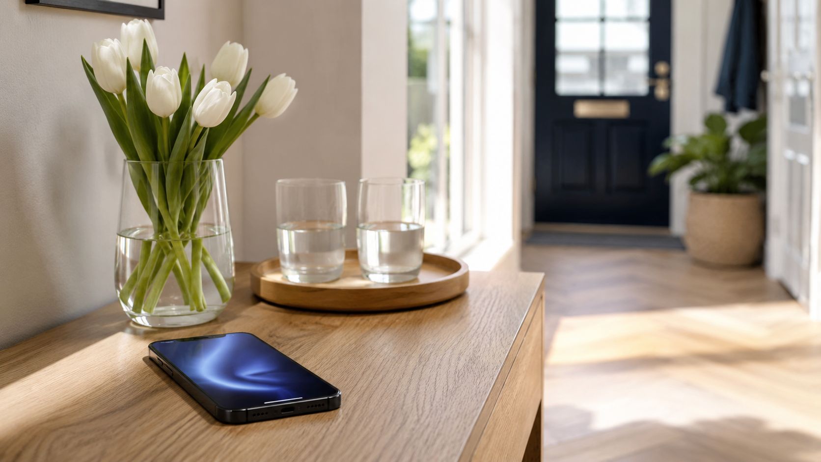 Smartphone met binnenkomende oproep op een sidetable in een lichte woning tijdens een bezichtiging