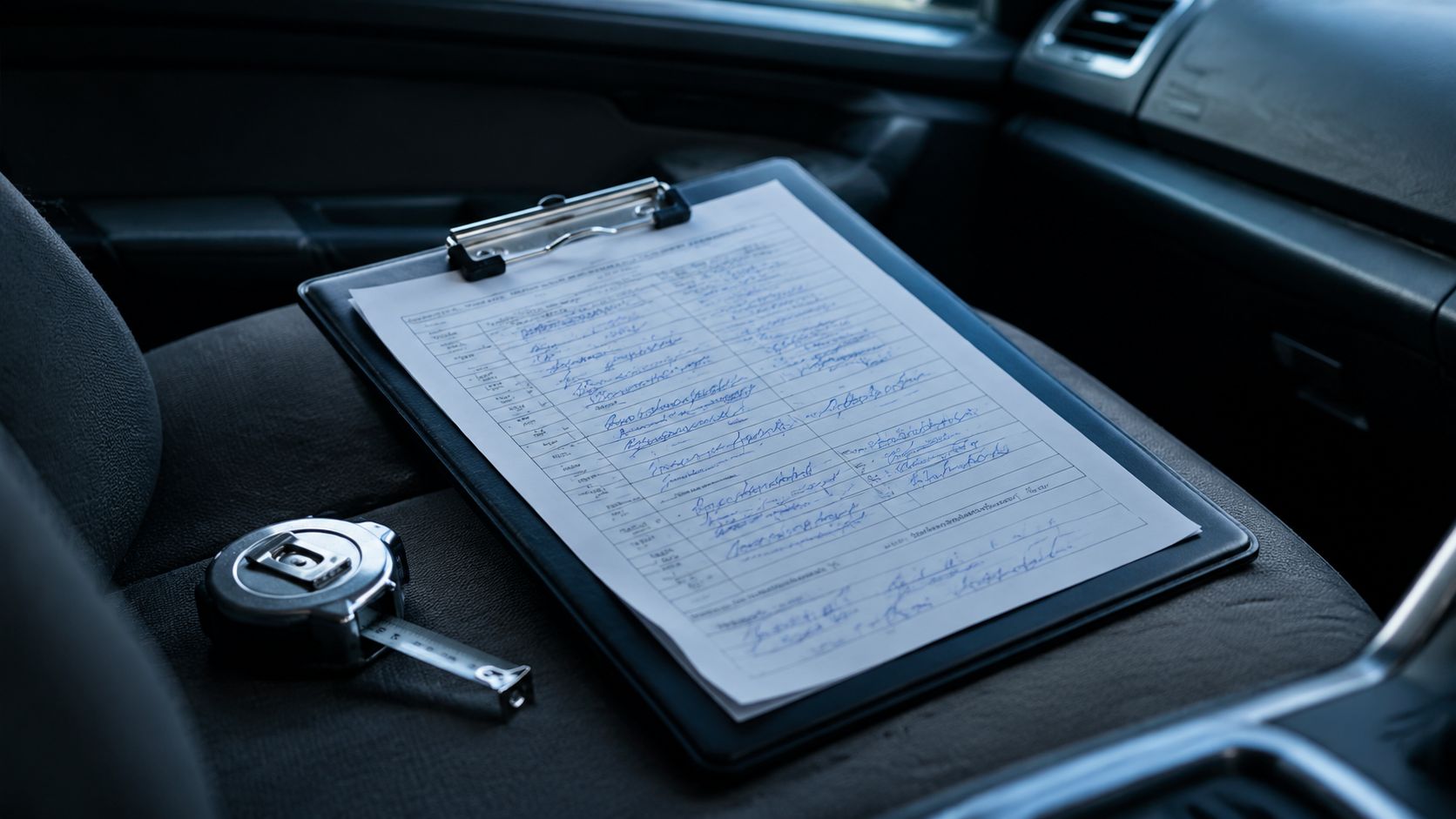 Ingevulde waardebepaling-aanvraag op een klembord naast een rolmaat, op de passagiersstoel van een auto bij koel ochtendlicht
