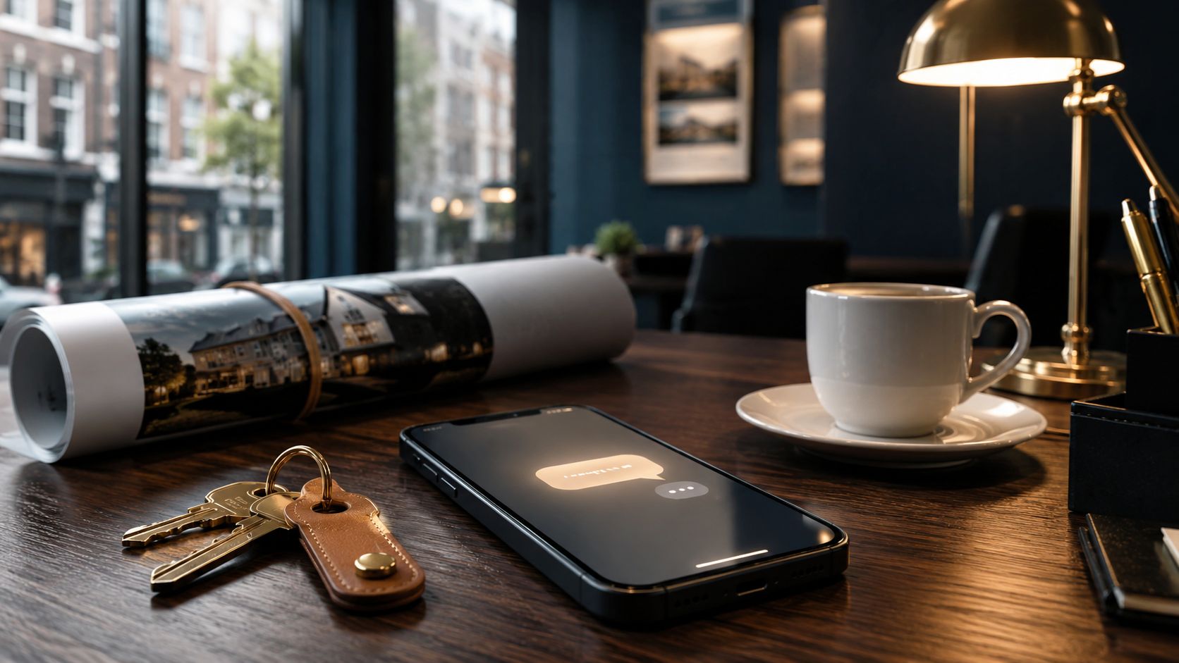Smartphone met een chatnotificatie op een bureau in een makelaarskantoor, naast een sleutelbos en een woningbrochure