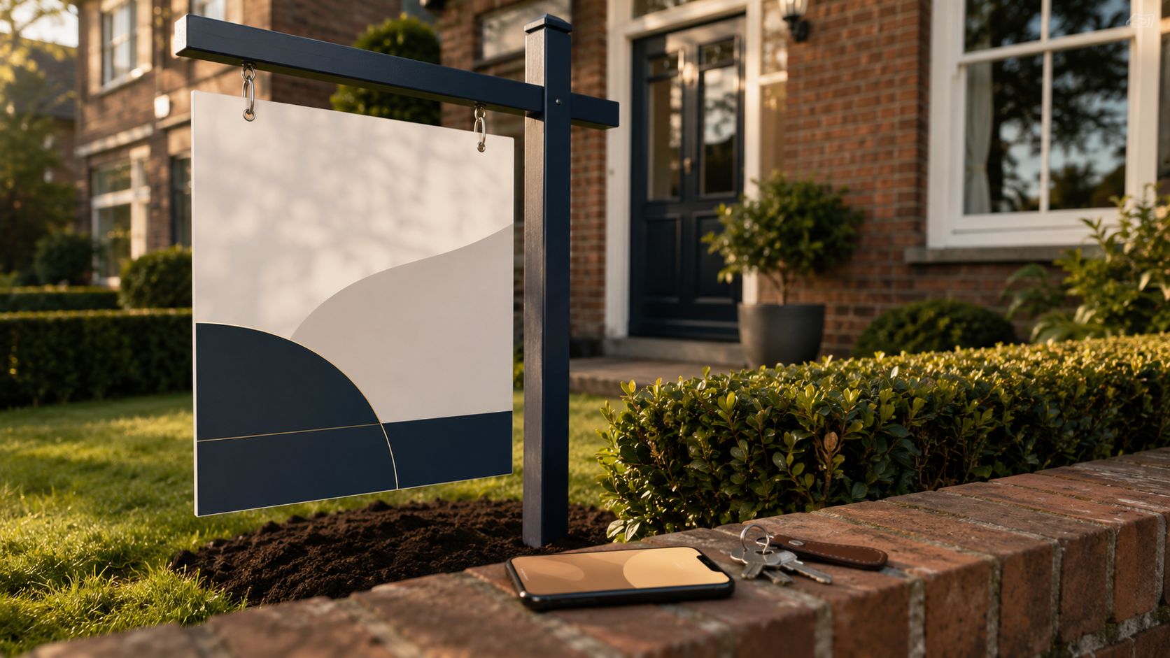 Bureau van een makelaar met laptop, woningmap en telefoon met een nieuwe-opdracht melding