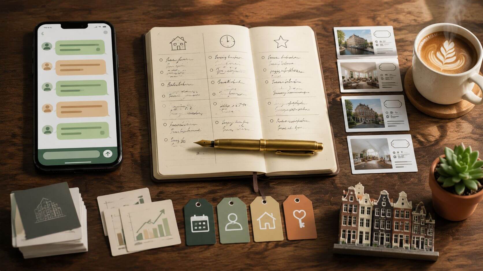 WhatsApp Business werkbank: smartphone met bezichtiging-flow chat-bubble overzicht, brass pen op cream-paper bezichtiging-checklist, en een mok koffie