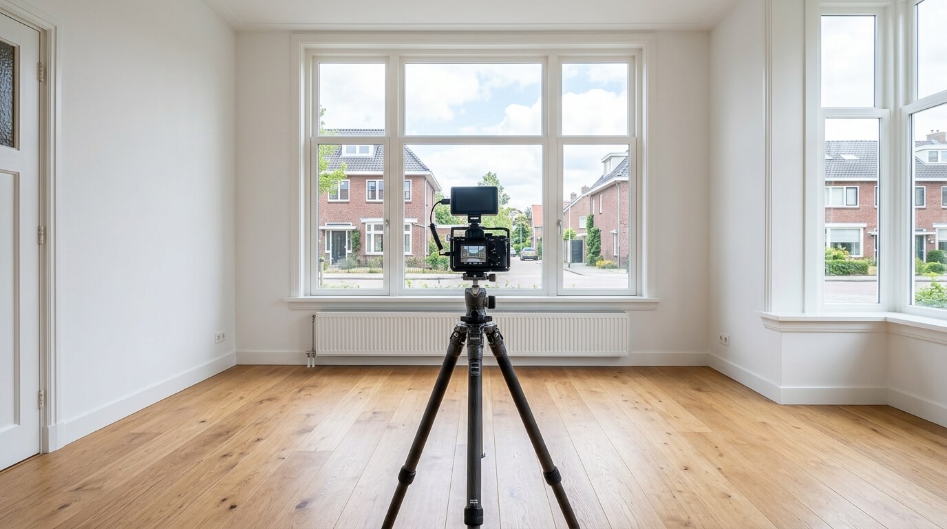 Camera op statief in een lichte Nederlandse kamer