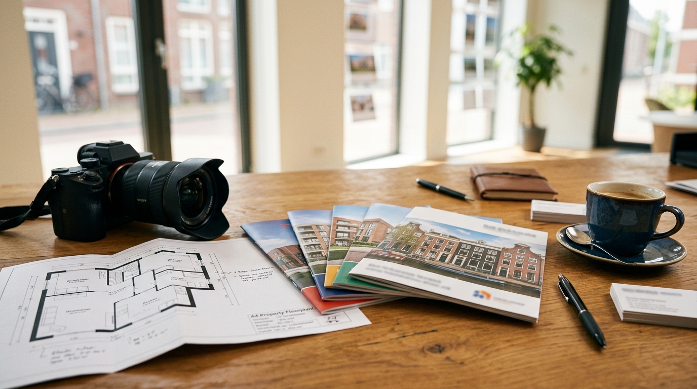 Vastgoedfotografie apparatuur en plattegrond op een bureau