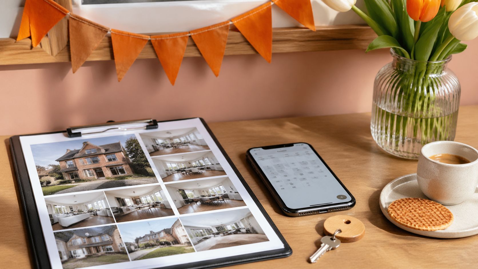 Woningfoto-werkblad met smartphone, klembord met handgeschreven shotlist, oranje Koningsdag-vlaggetjes en een vaas met tulpen