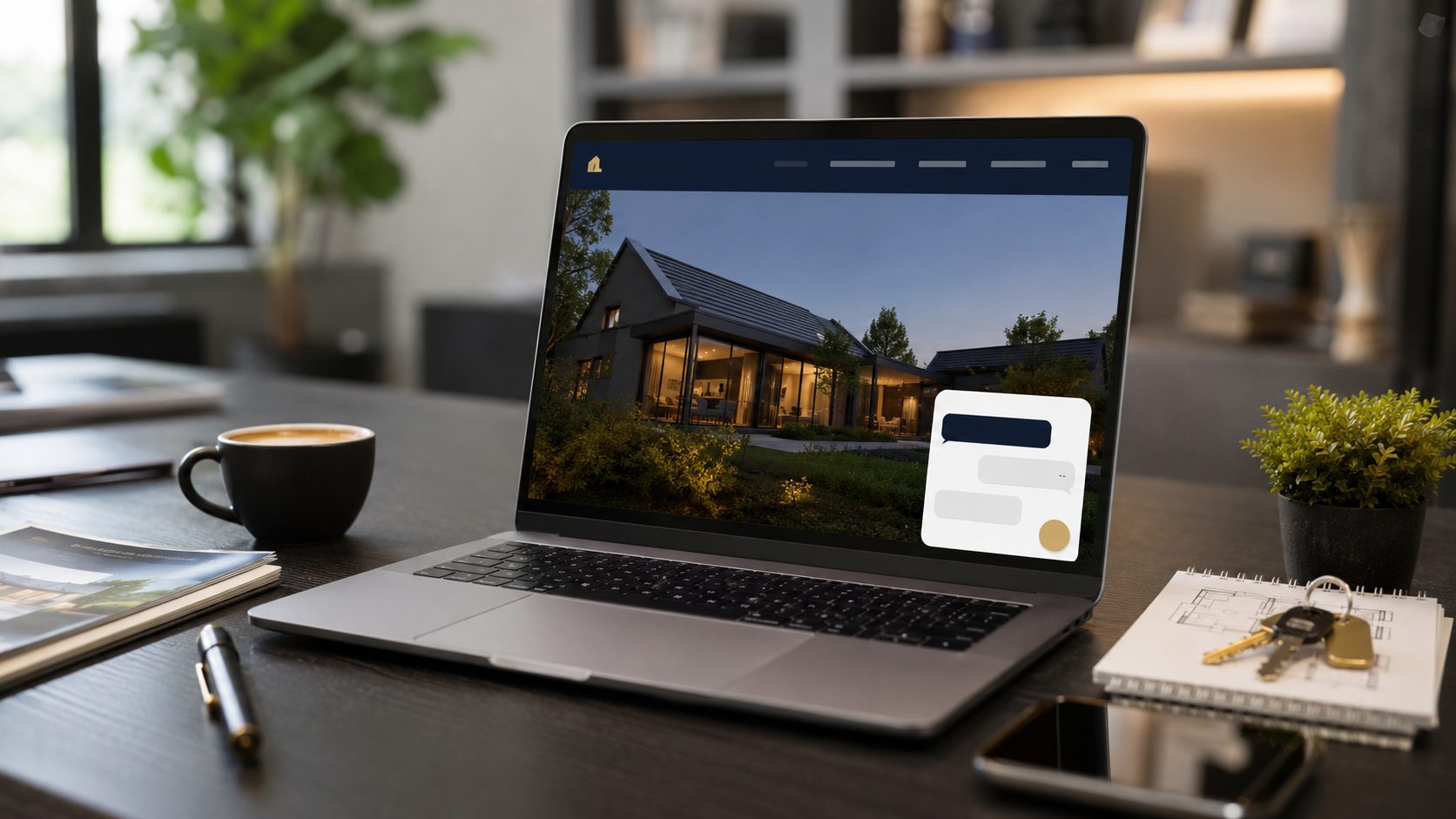 Laptop met chatbot widget voor makelaar website